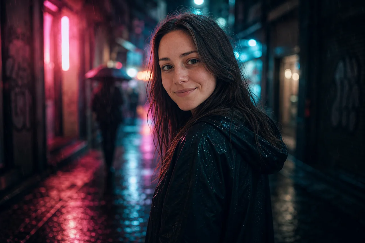 Same character, Neon alley, rain