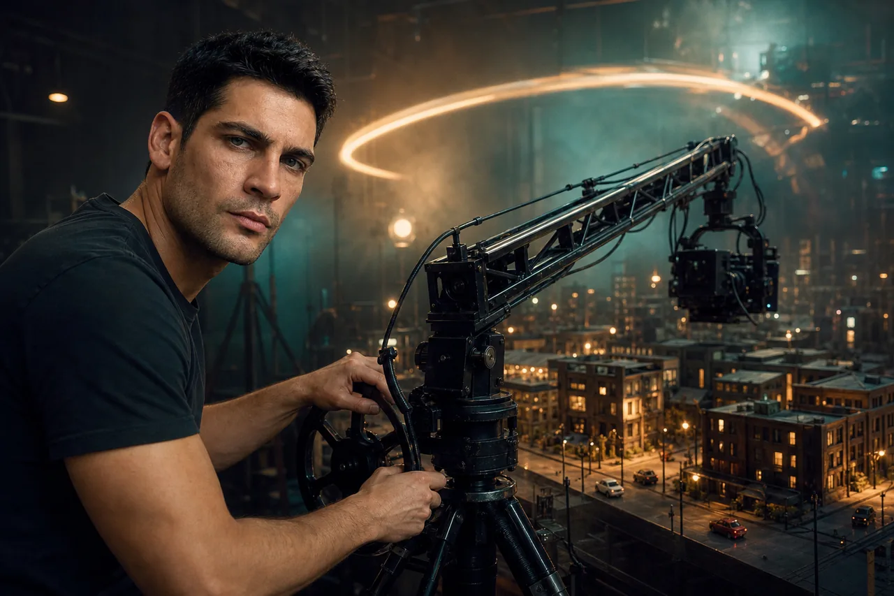 A geared crane sweeps over a miniature city, path drawn in light