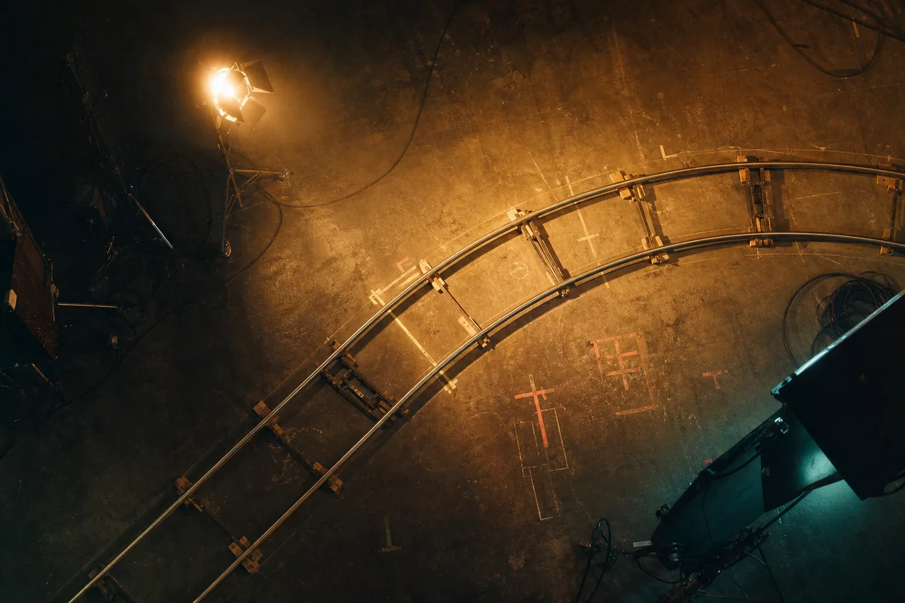 Dolly track curving through a lit set