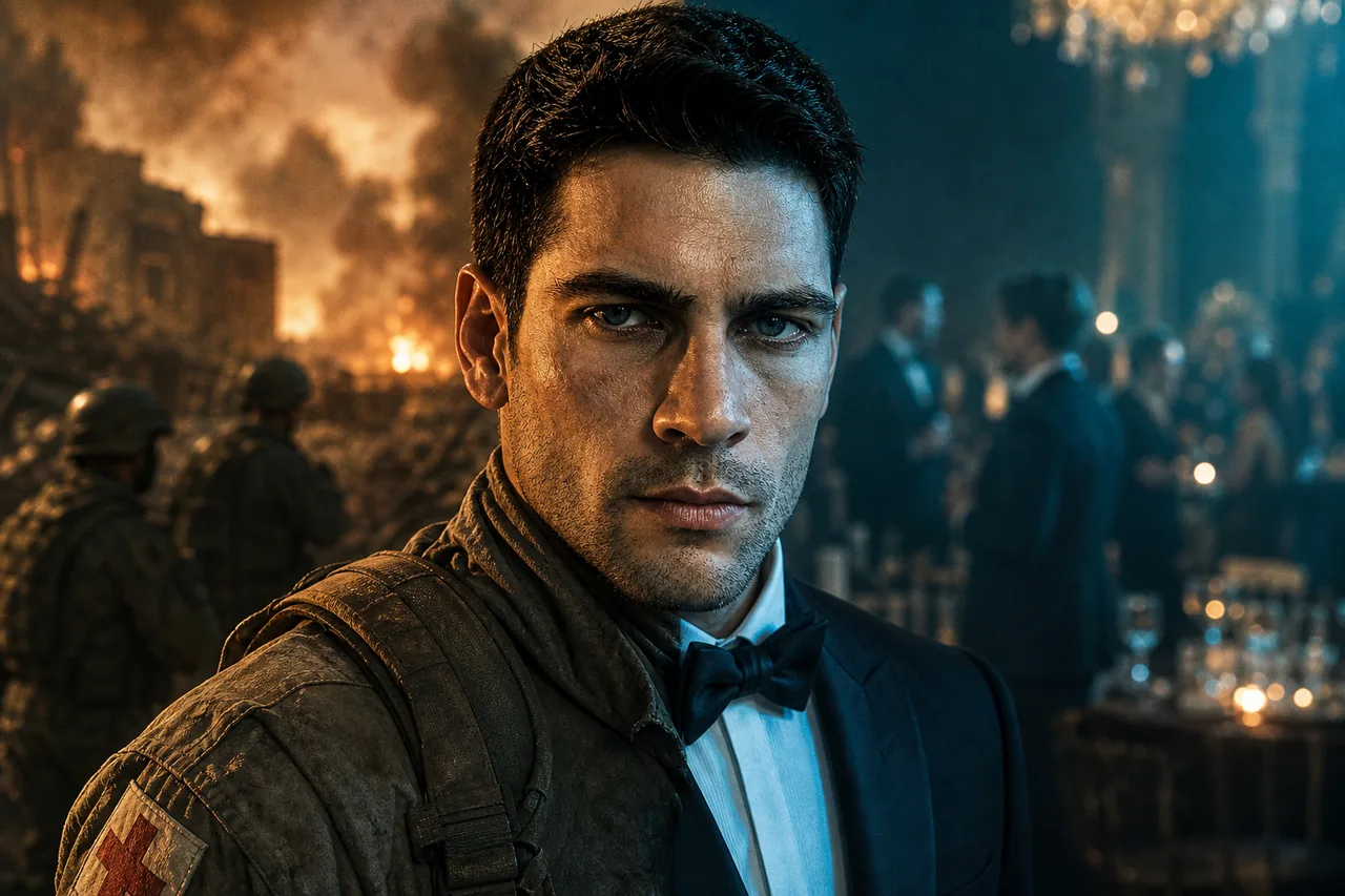 The same face across a battlefield medic and a gala tuxedo