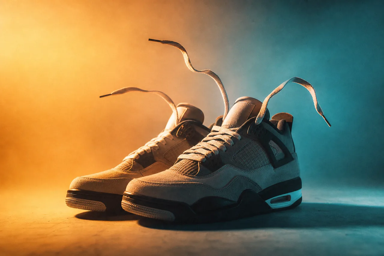 Sneakers on a cyclorama, laces mid-flight