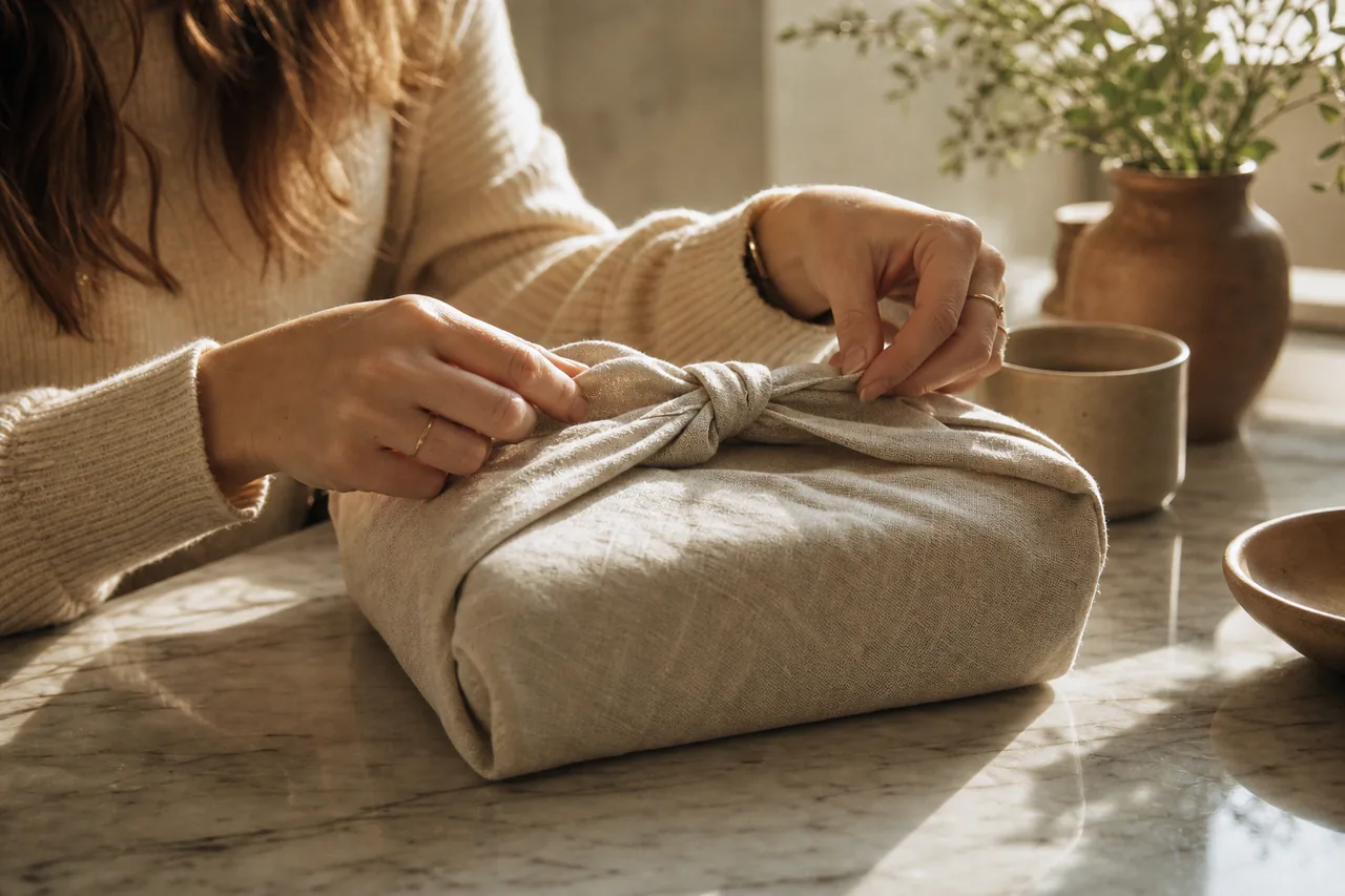 A linen-wrapped parcel opening in morning light