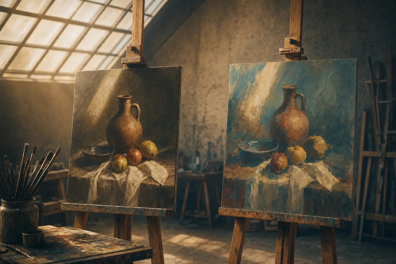 Two easels, one subject, two styles