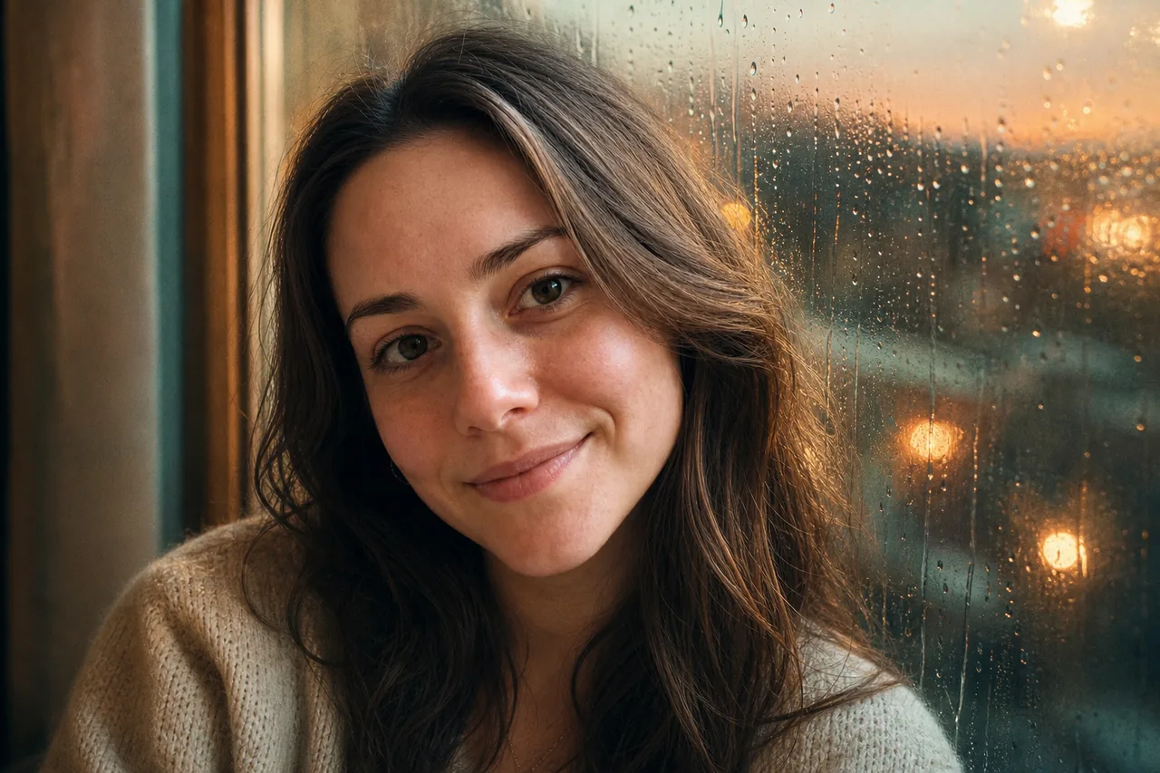 A painterly portrait by a rain-streaked window
