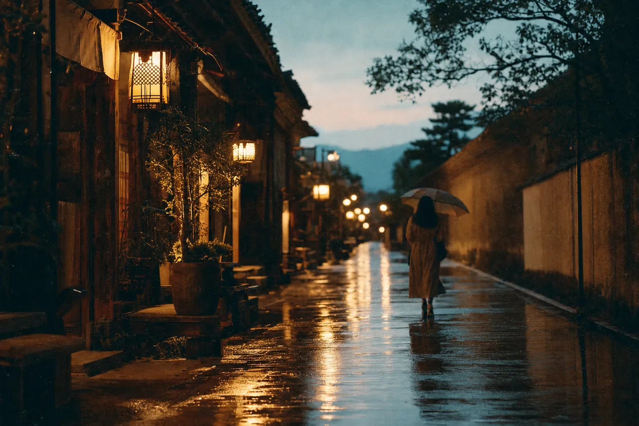 A pastel street where lanterns double in puddles