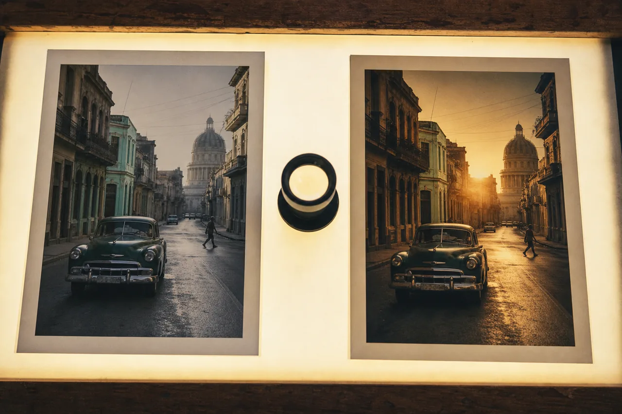 The same street photo, ordinary and golden-hour cinema