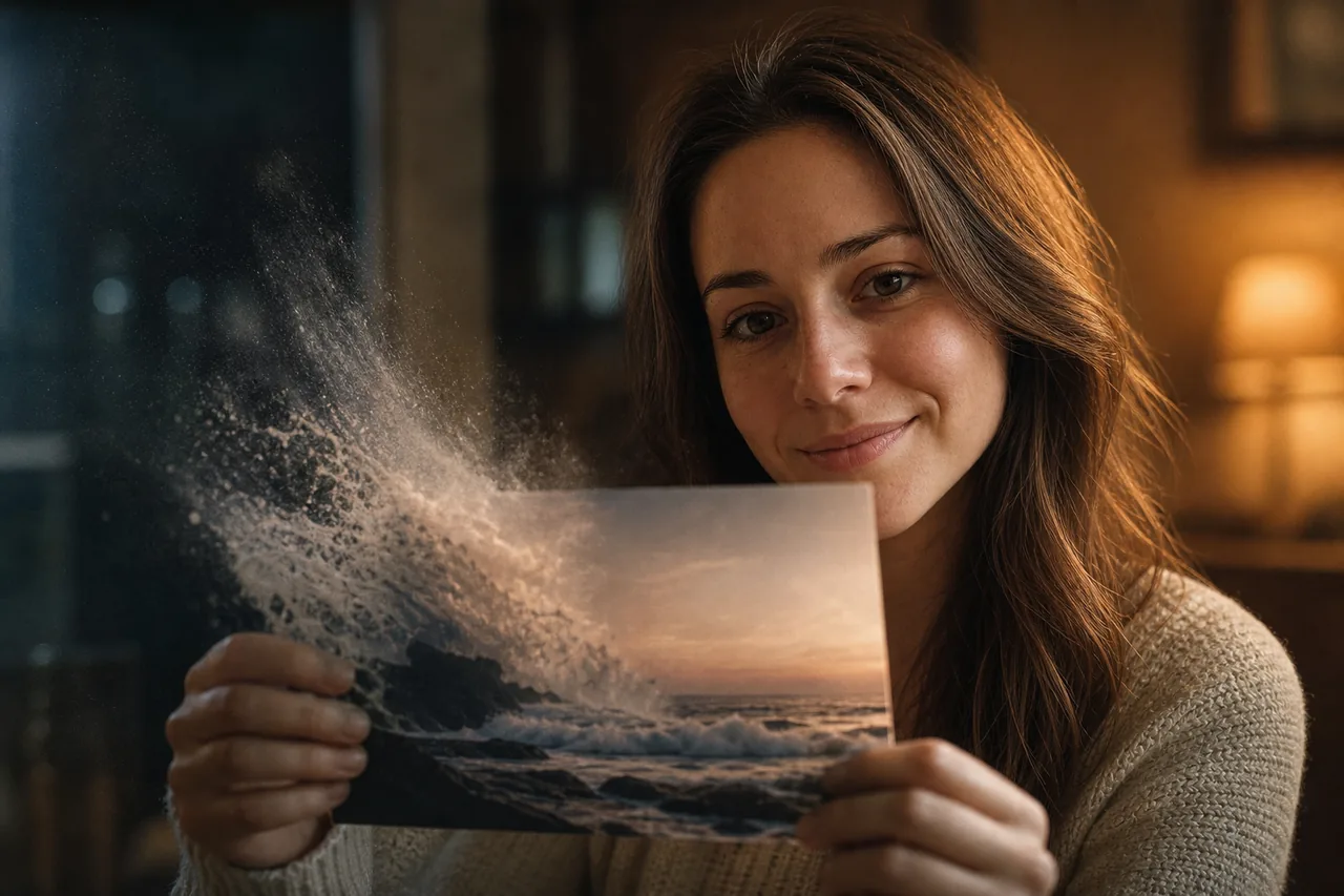 A printed shoreline starts to move inside the photograph