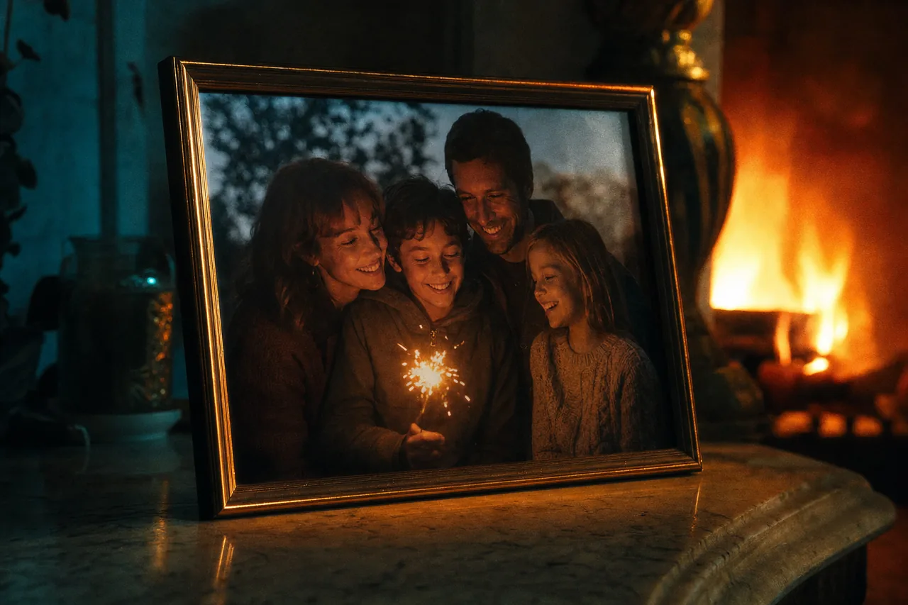 A framed photo whose sparkler burns with real light