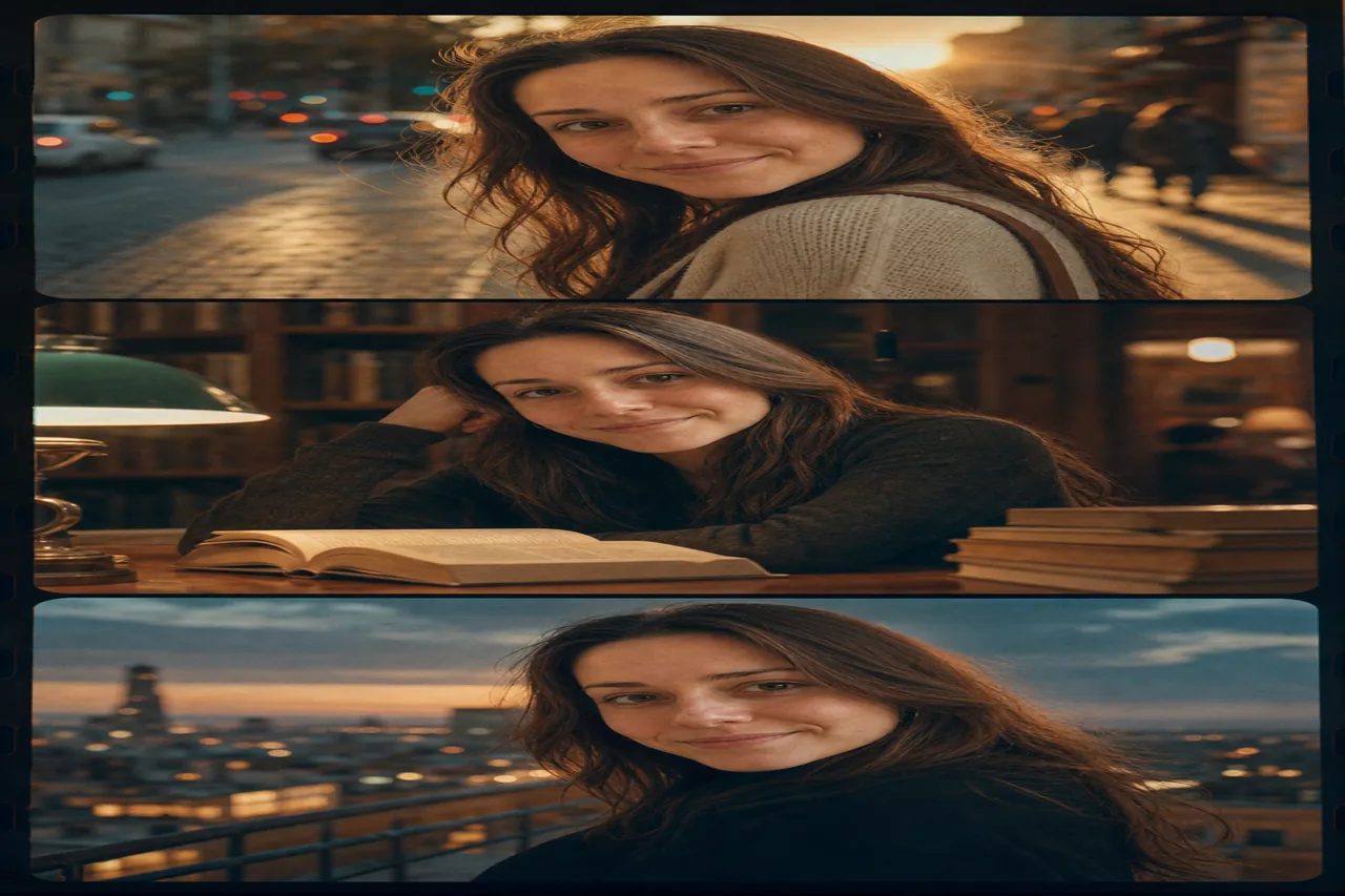 Three scenes, one identical face — consistency held