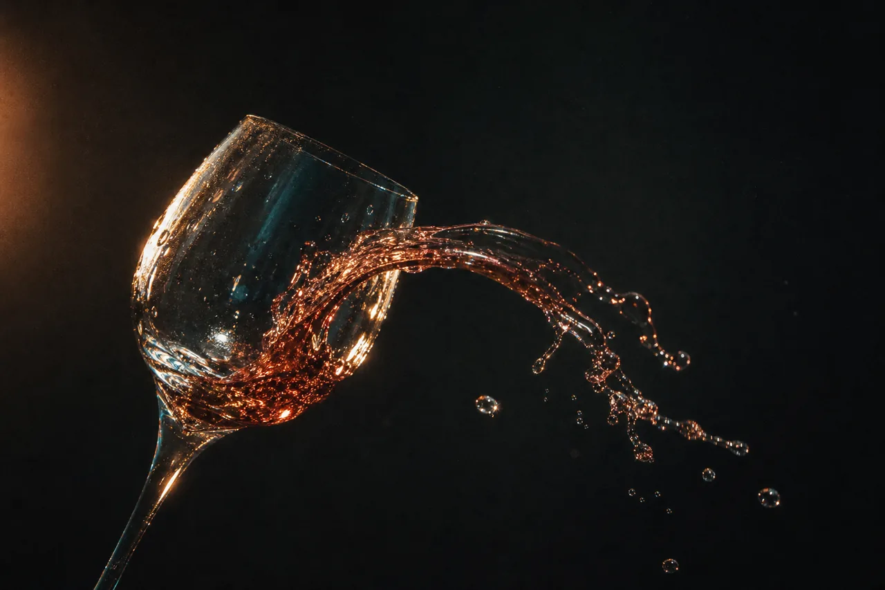 A wine glass mid-spill, every droplet physically true