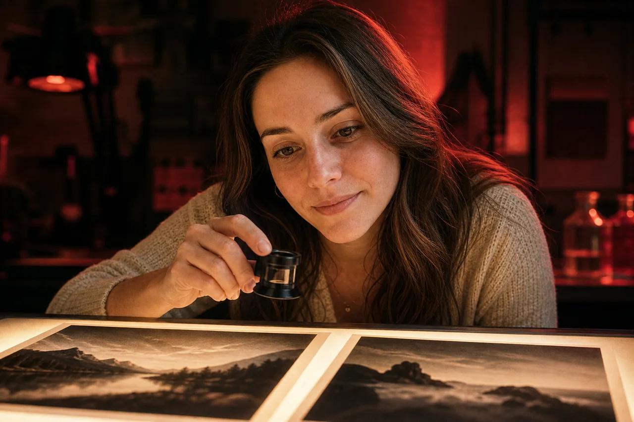 Two prints under the loupe on a light table