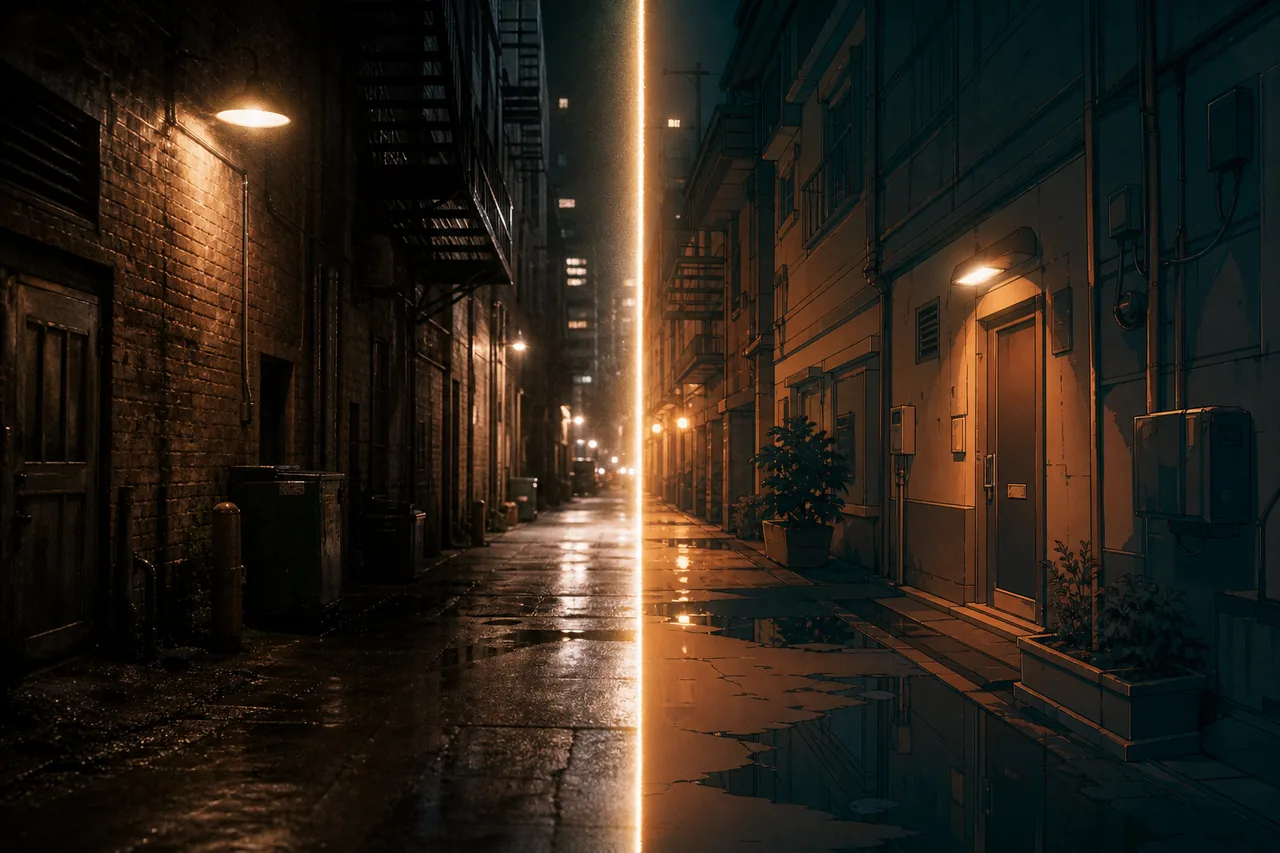 One alley, photoreal and anime-cel
