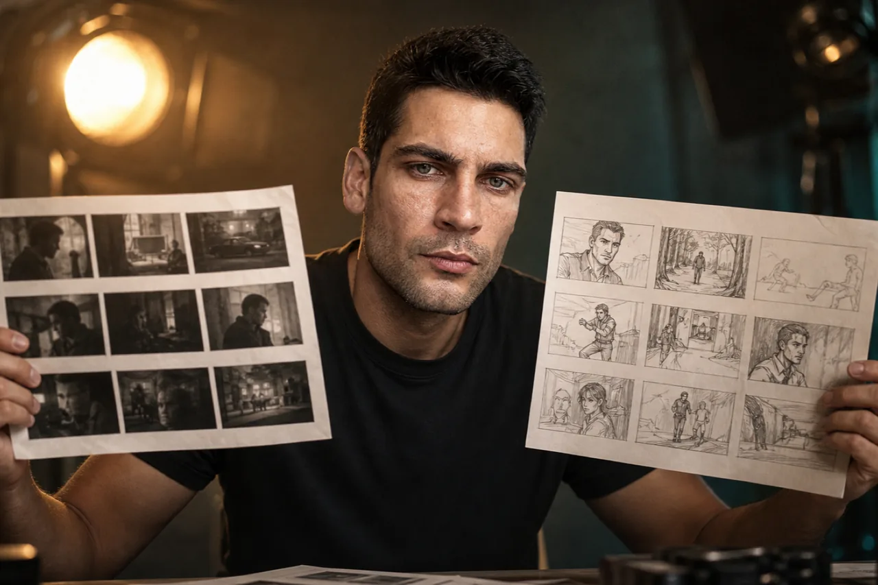 Two storyboards — photographed and illustrated