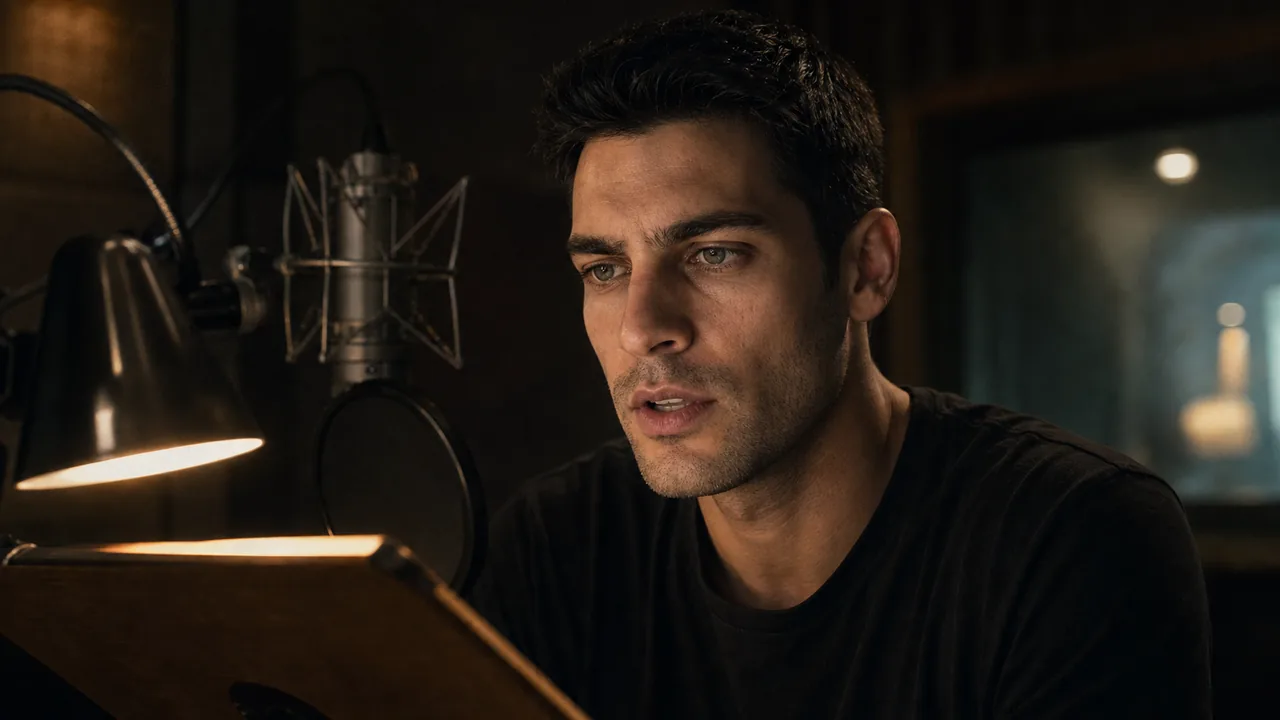 Dubbing stage: one lamp, one script, the screen on his jaw