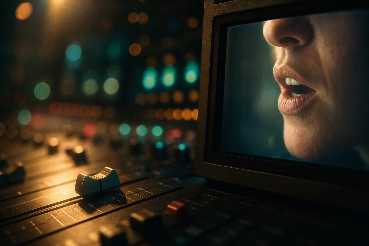 The console fader and a mouth mid-syllable
