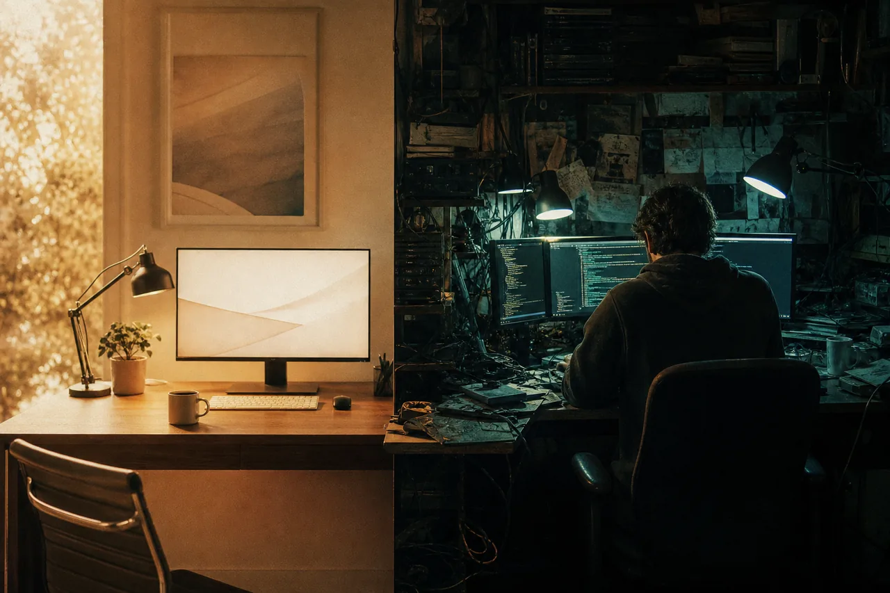 One clean bright desk vs the cluttered terminal