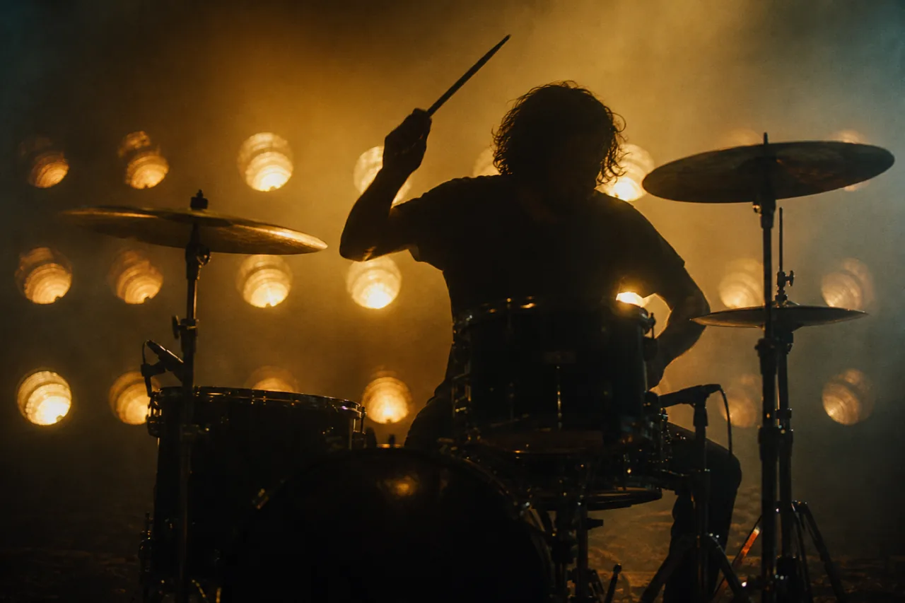 A drum kit silhouetted against tungsten PARs