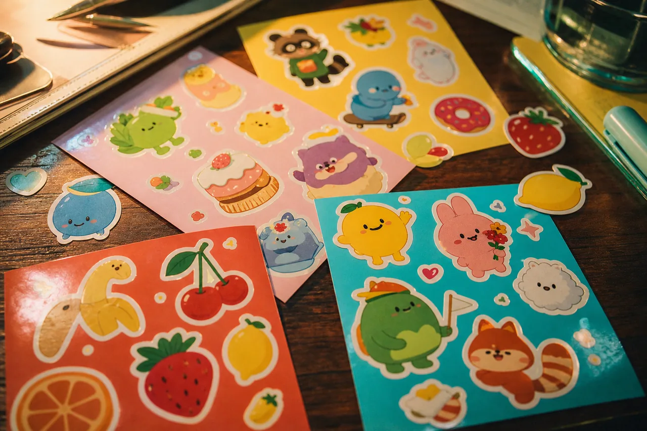 Glossy sticker sheets across the desk