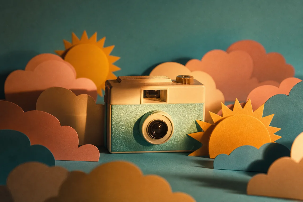 A toy camera on a candy-colored miniature set
