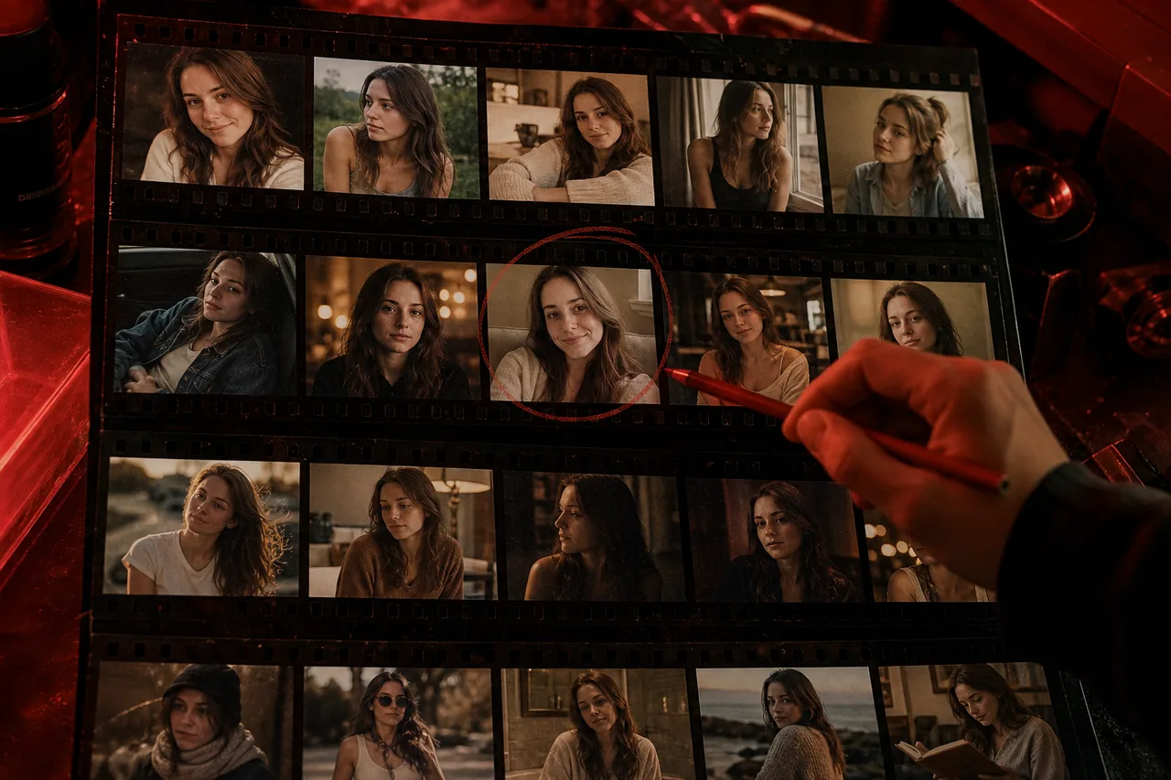 A contact sheet of one face across every scene