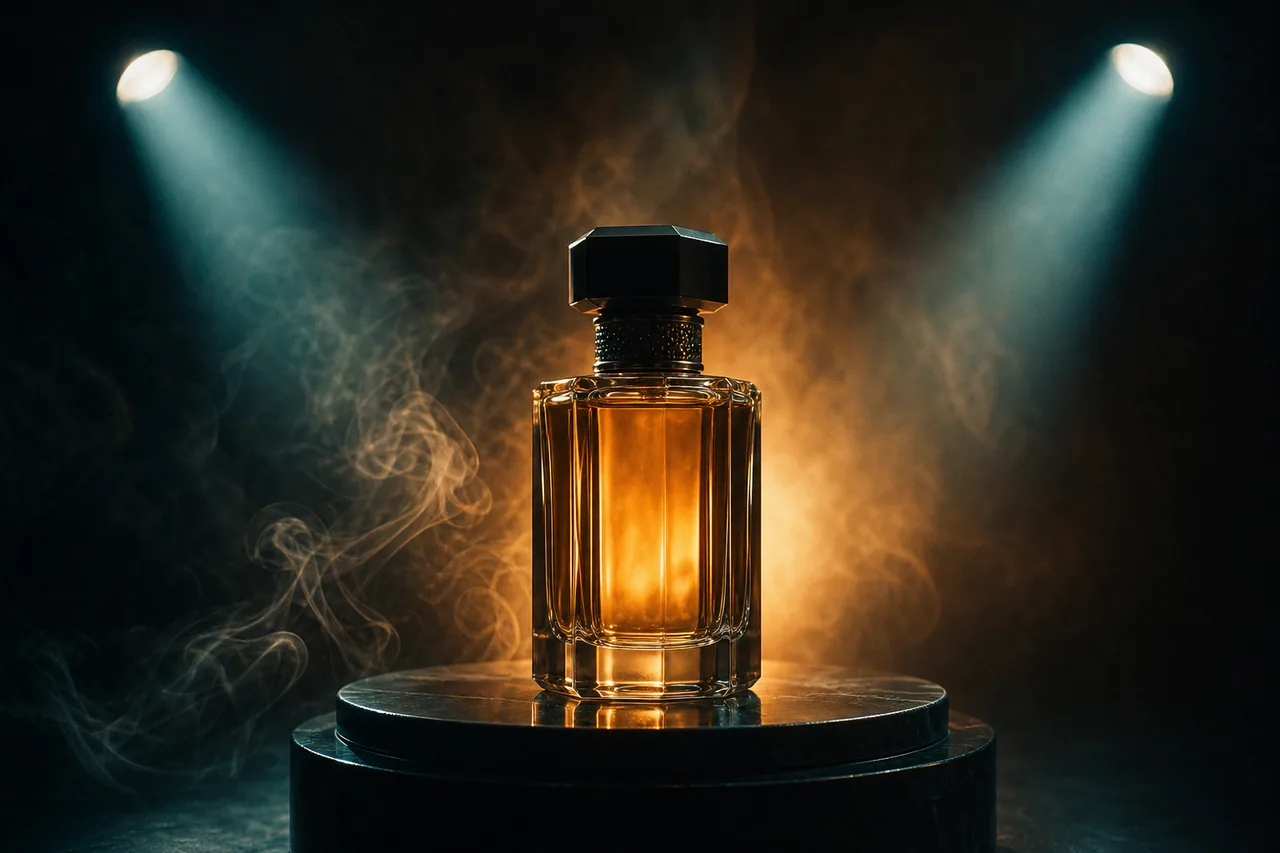 A perfume bottle lit like a movie star