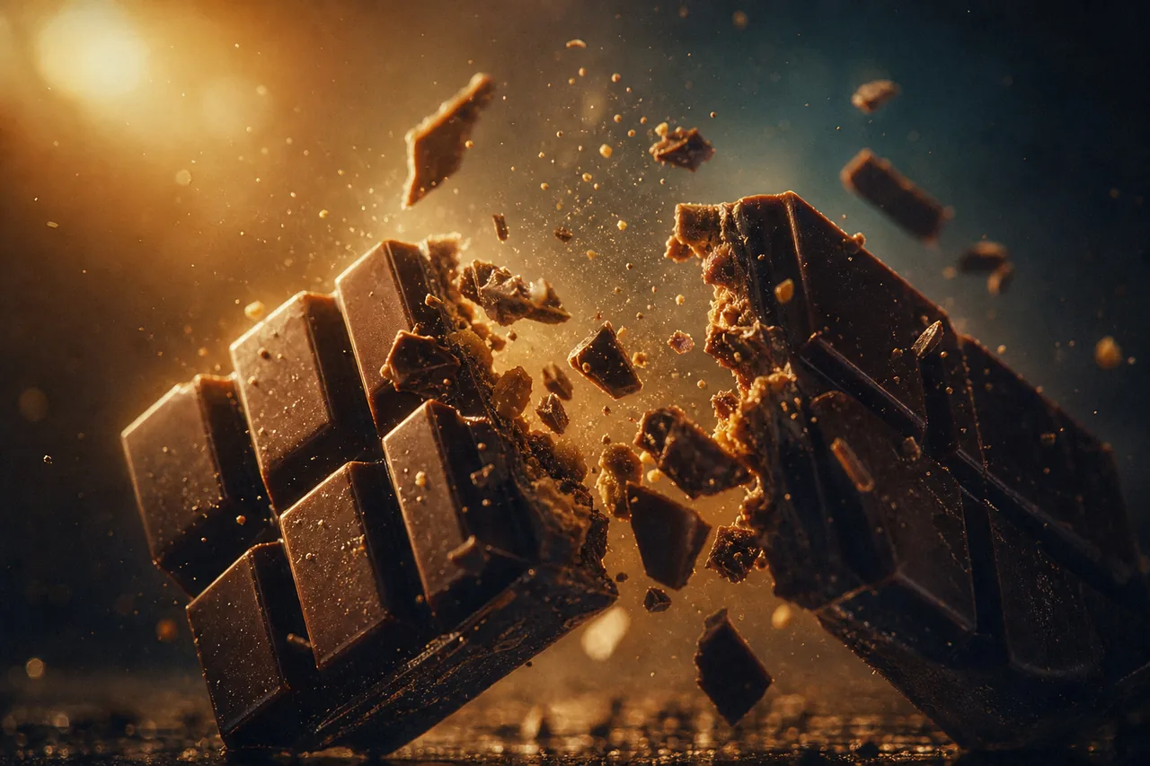 A chocolate bar cracking in frozen slow motion