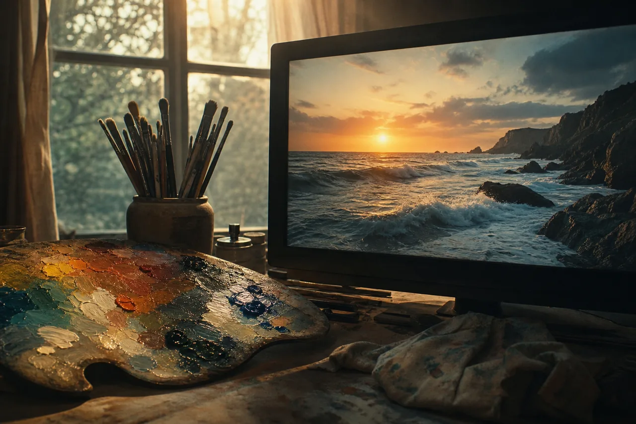 A painter's palette resolving into a moving seascape