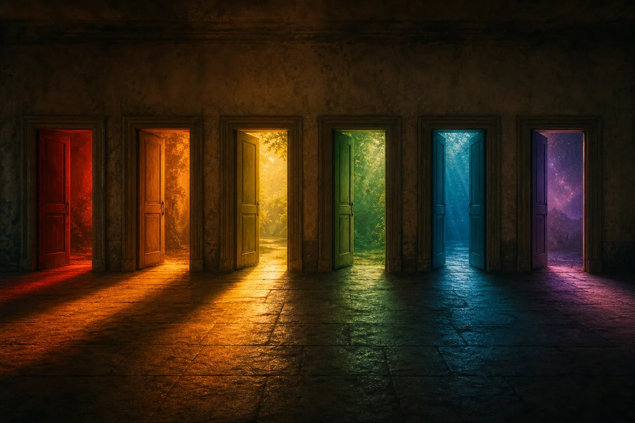 Six doorways, six different lights