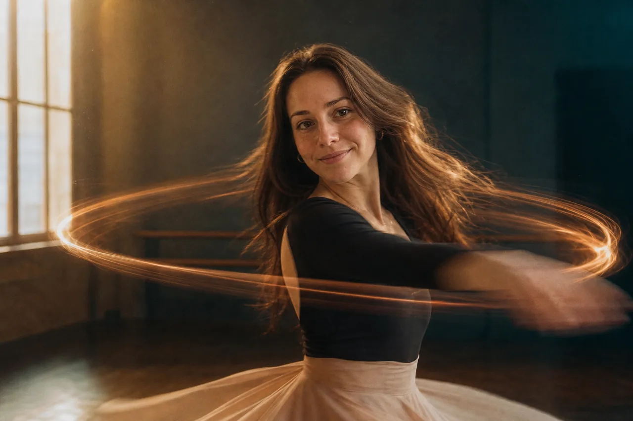 A pirouette traced in long-exposure light