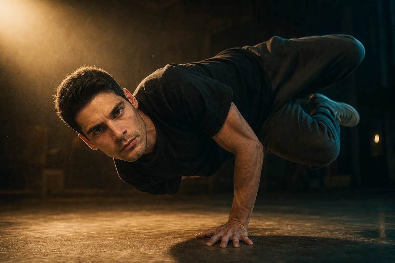 A breakdance freeze in a single hard beam