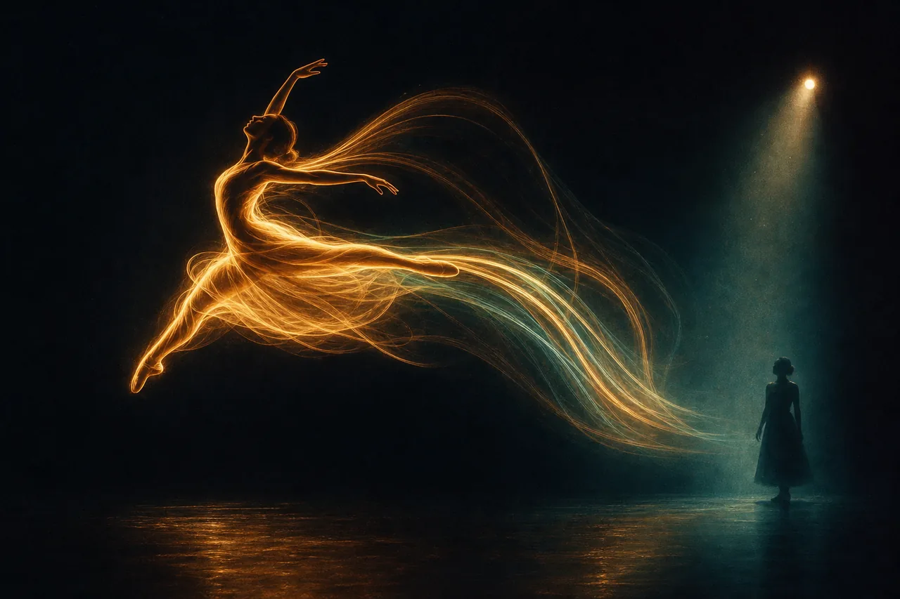A leaping dancer written in motion trails