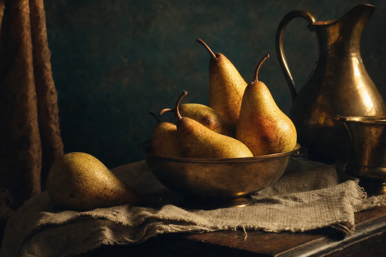 Pears and brass in museum chiaroscuro