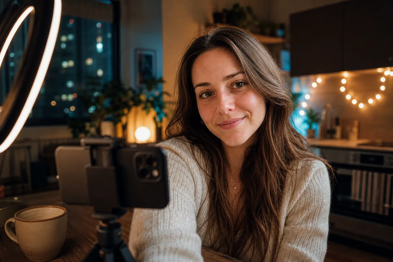 A kitchen turned tiny film set, ring light and fairy bokeh