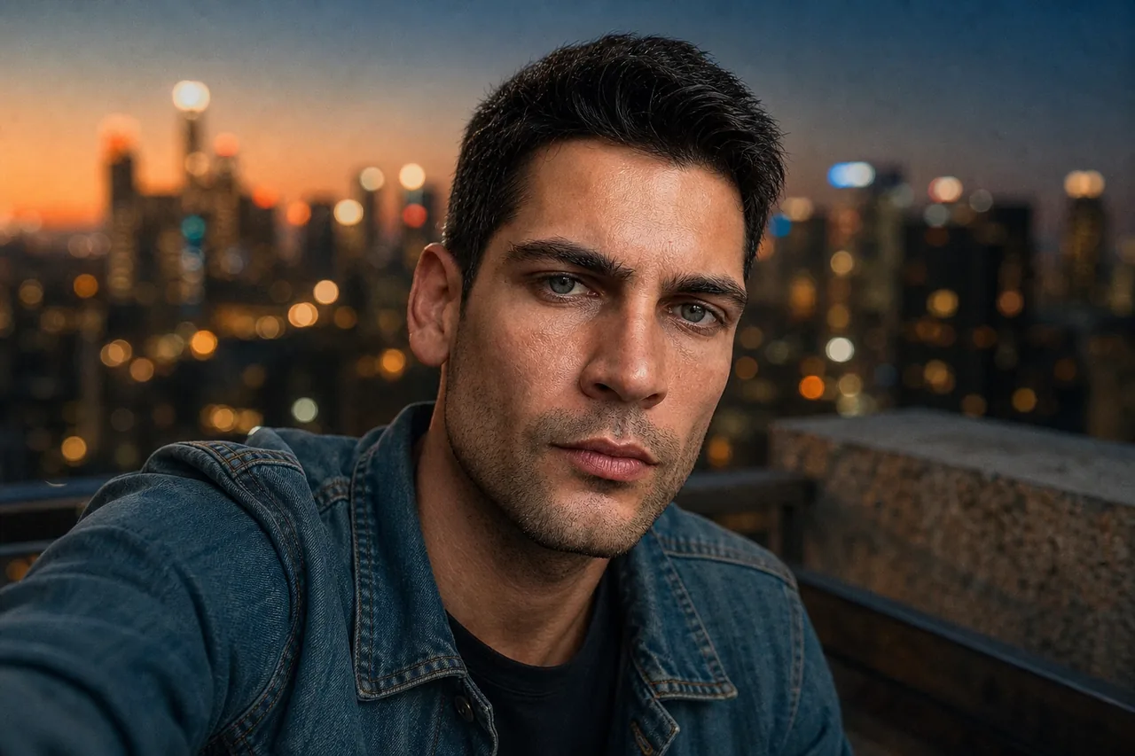 A blue-hour rooftop hook, city bokeh behind