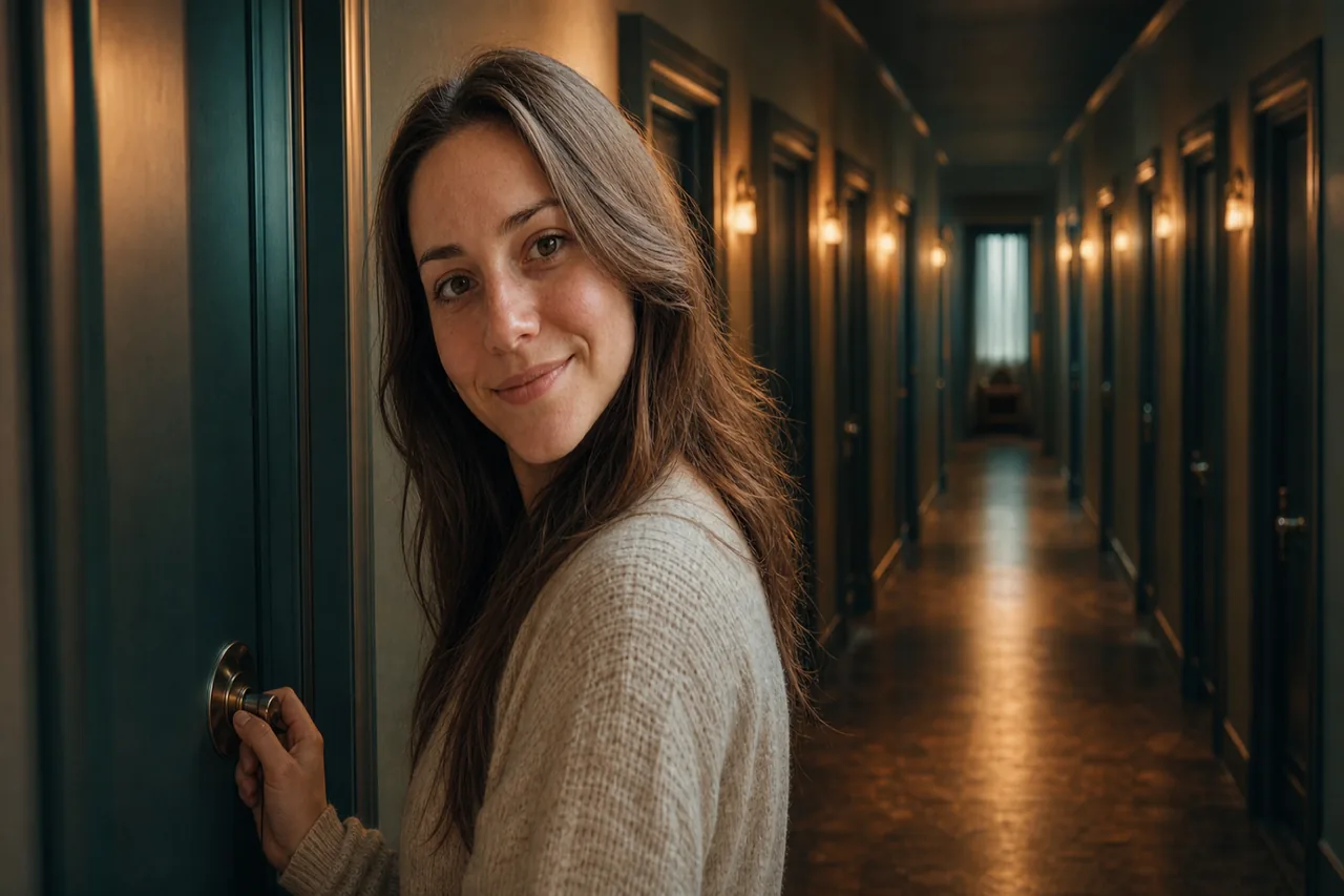 Six lit doorways, hand on the nearest