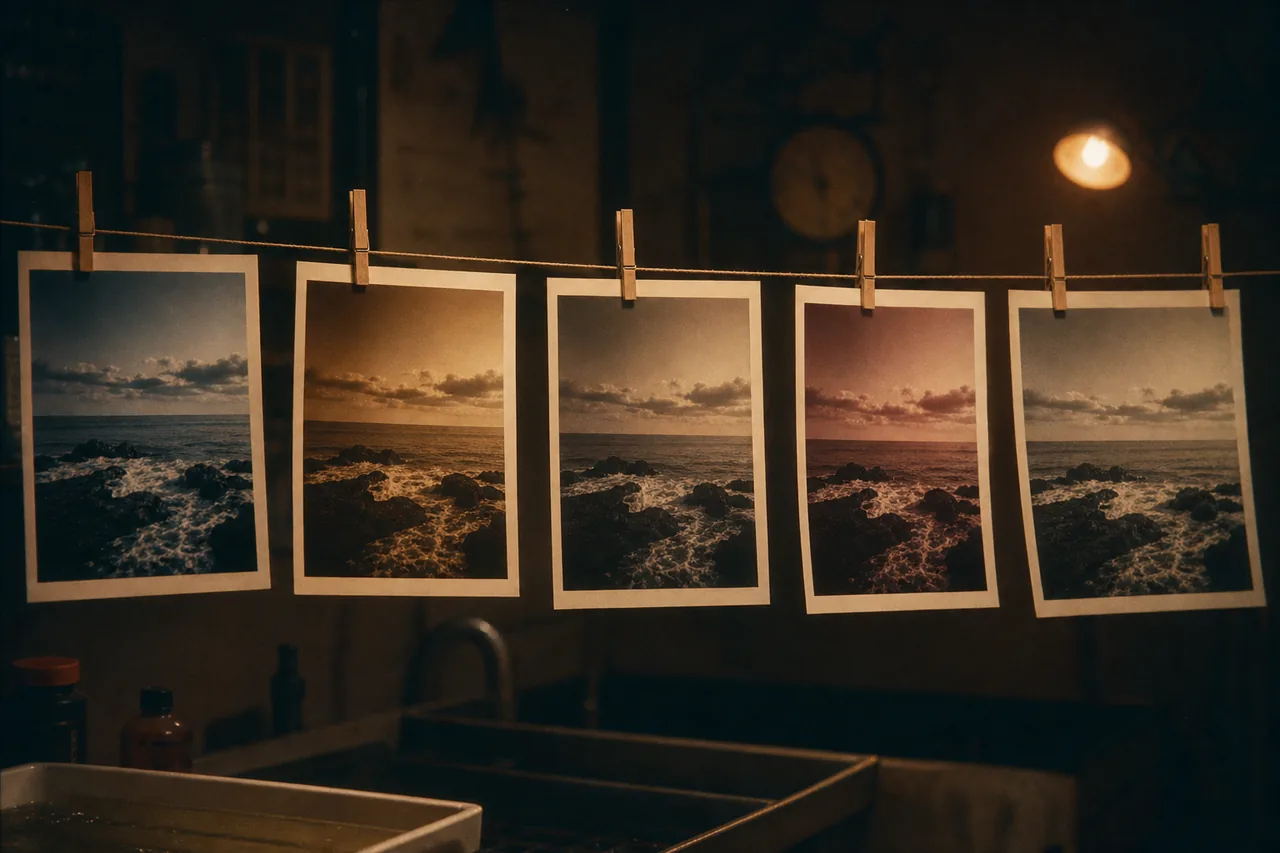 Five identical prints drying into five film stocks