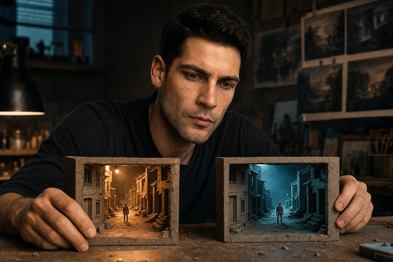 Two maquettes of one scene under different color scripts