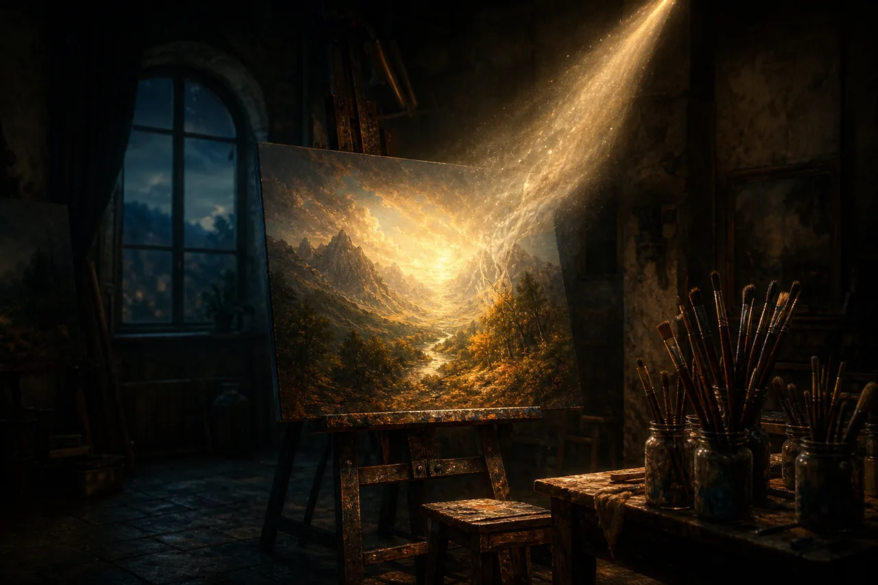 An empty canvas painting itself from a beam of light