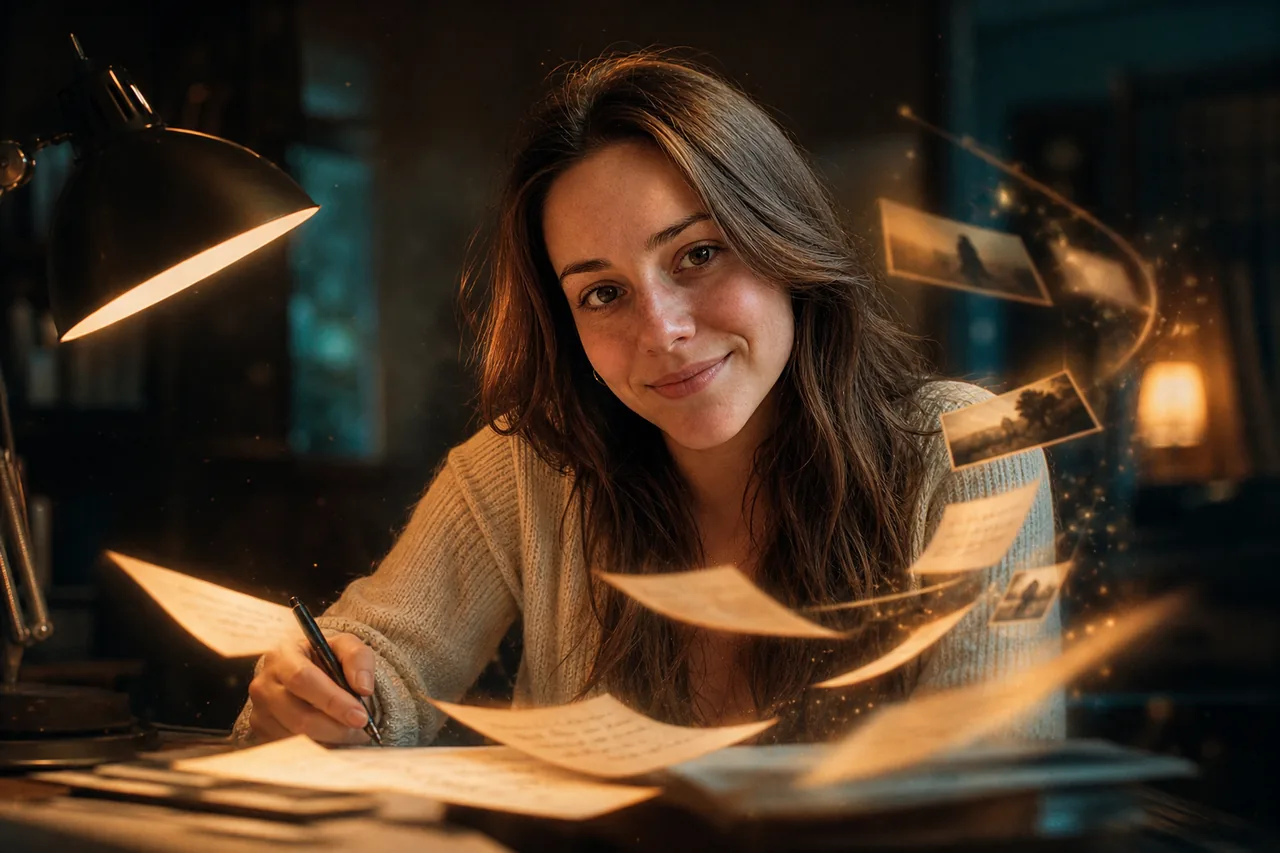 Script pages lift off a desk and turn into drifting film frames