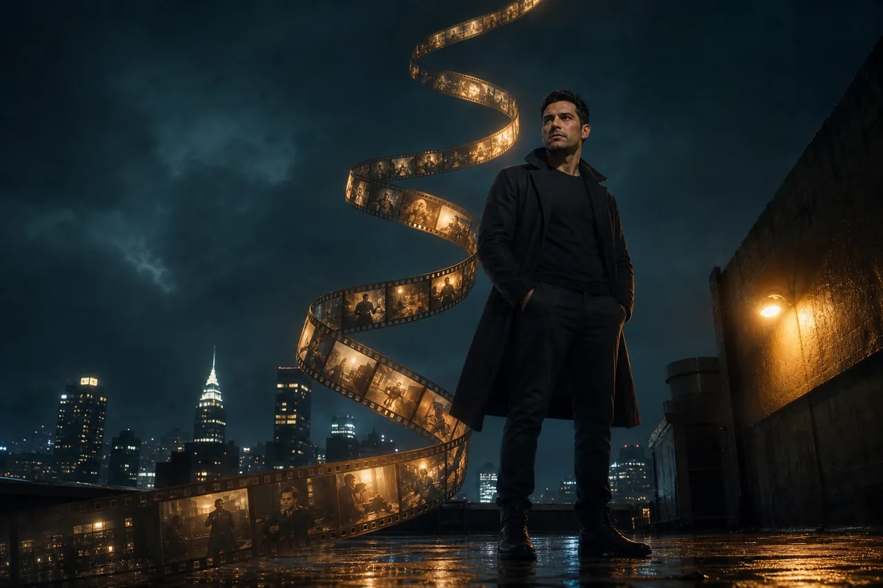 A ribbon of glowing frames spirals off a rain-slick rooftop