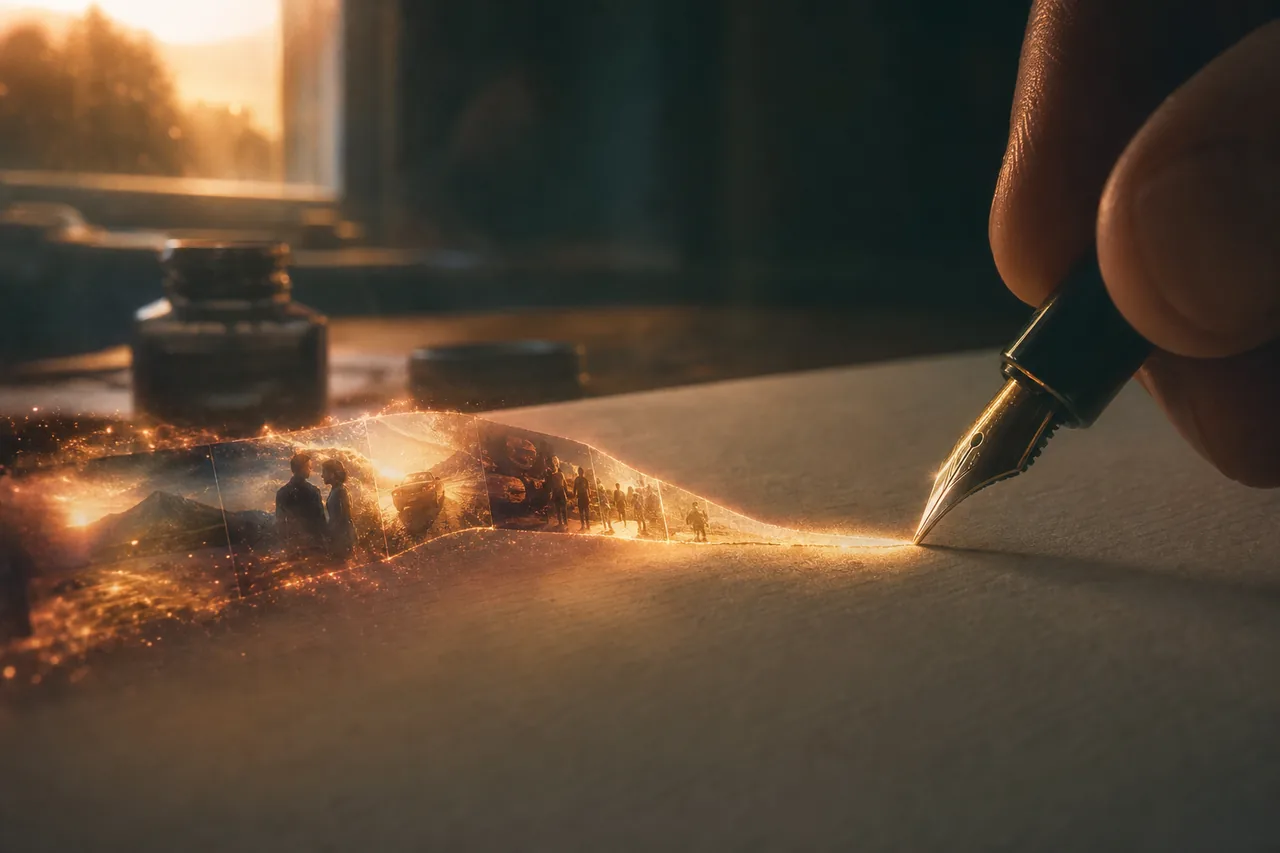 A single written line ignites into a strip of moving images