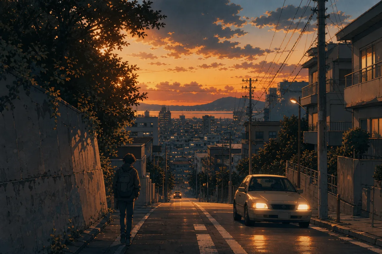 An anime-cel dusk street with a filmic grade