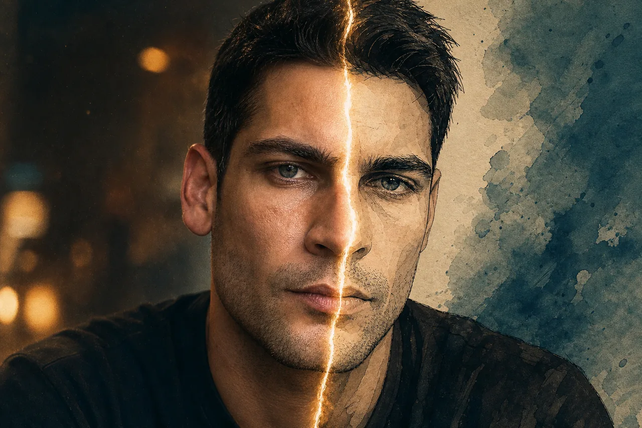 Photoreal on the left, ink-and-watercolor on the right