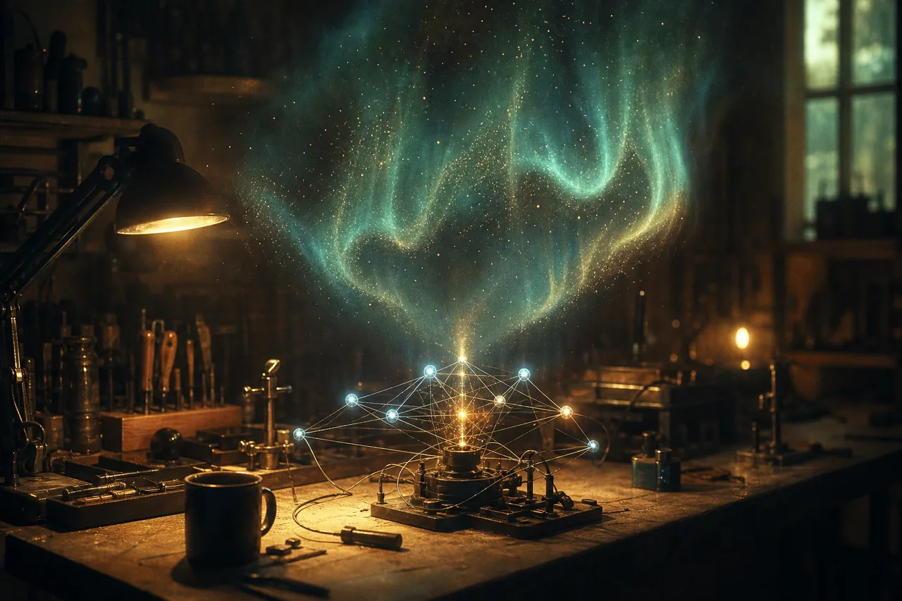 A node rig conjuring an aurora above the workbench