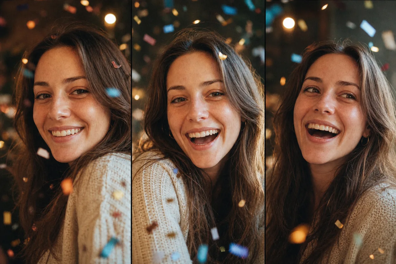 Three jump-cut frames of one laugh